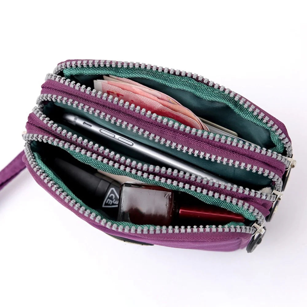JIARIQINGREN 610 Women Three Layer Zipper Coin Purse Washed Denim Cellphone Holder Clutch with Wrist Strap - Dark Purple - 7