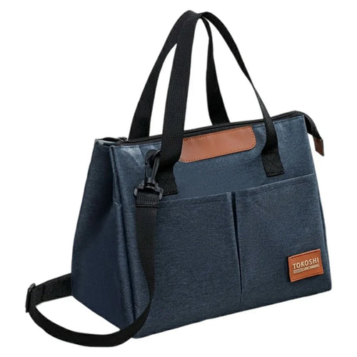 Triangle Shape Tote Insulated Lunch Bag Waterproof Oxford Fabric Thermal Food Carrier with Shoulder Strap - Navy Blue - 1
