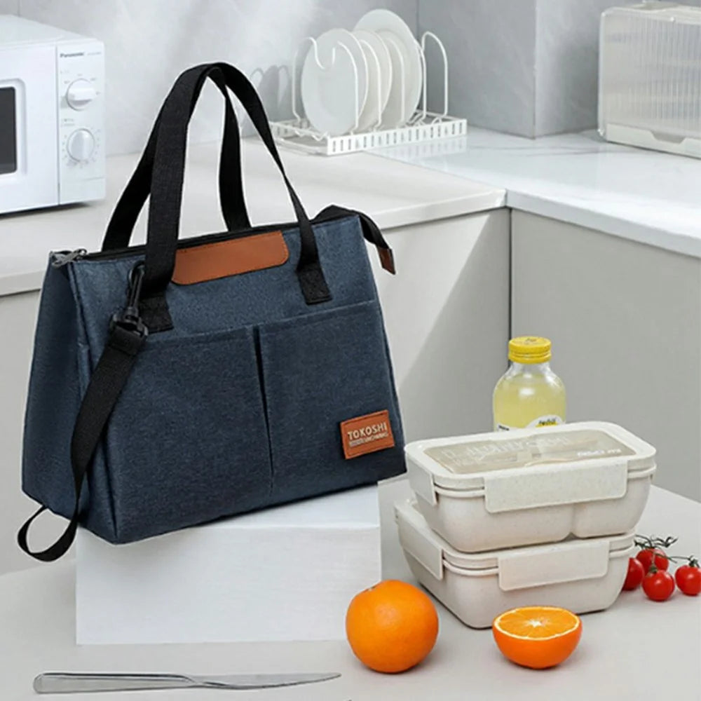 Triangle Shape Tote Insulated Lunch Bag Waterproof Oxford Fabric Thermal Food Carrier with Shoulder Strap - Navy Blue - 2