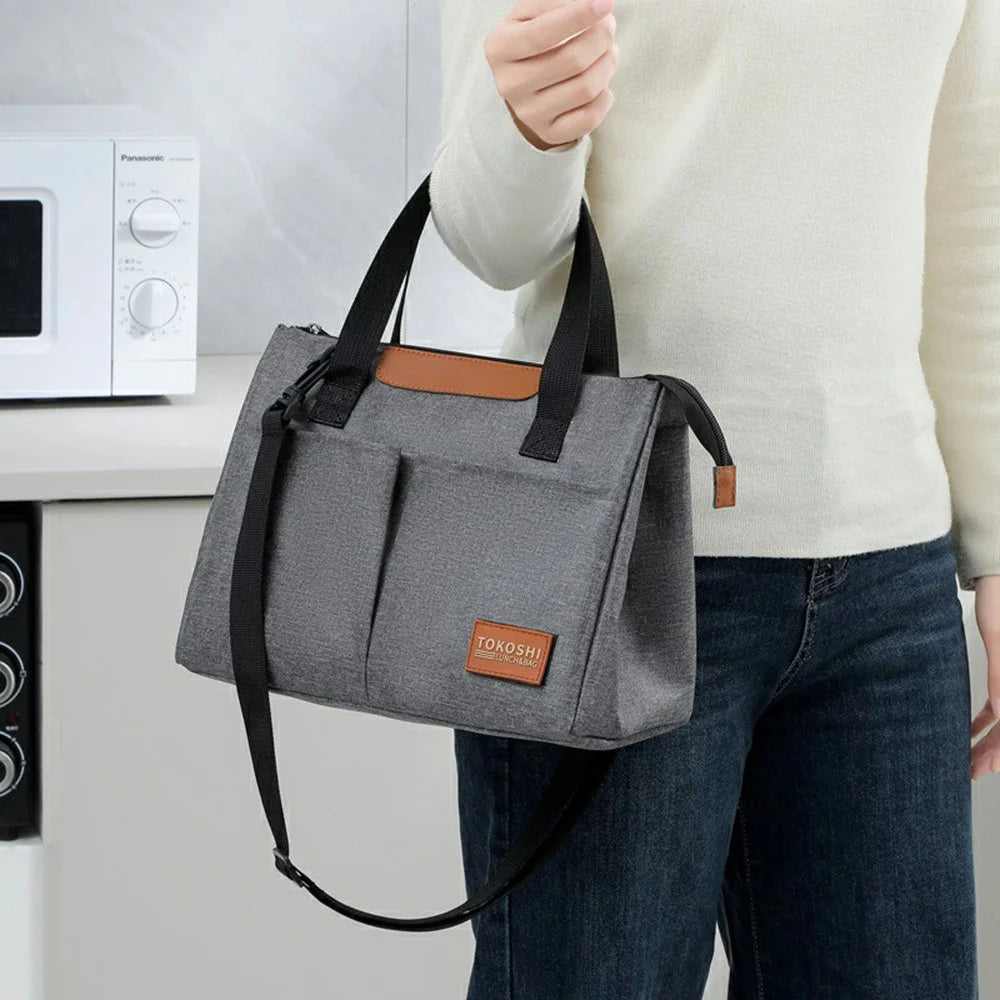 Triangle Shape Tote Insulated Lunch Bag Waterproof Oxford Fabric Thermal Food Carrier with Shoulder Strap - Navy Blue - 3