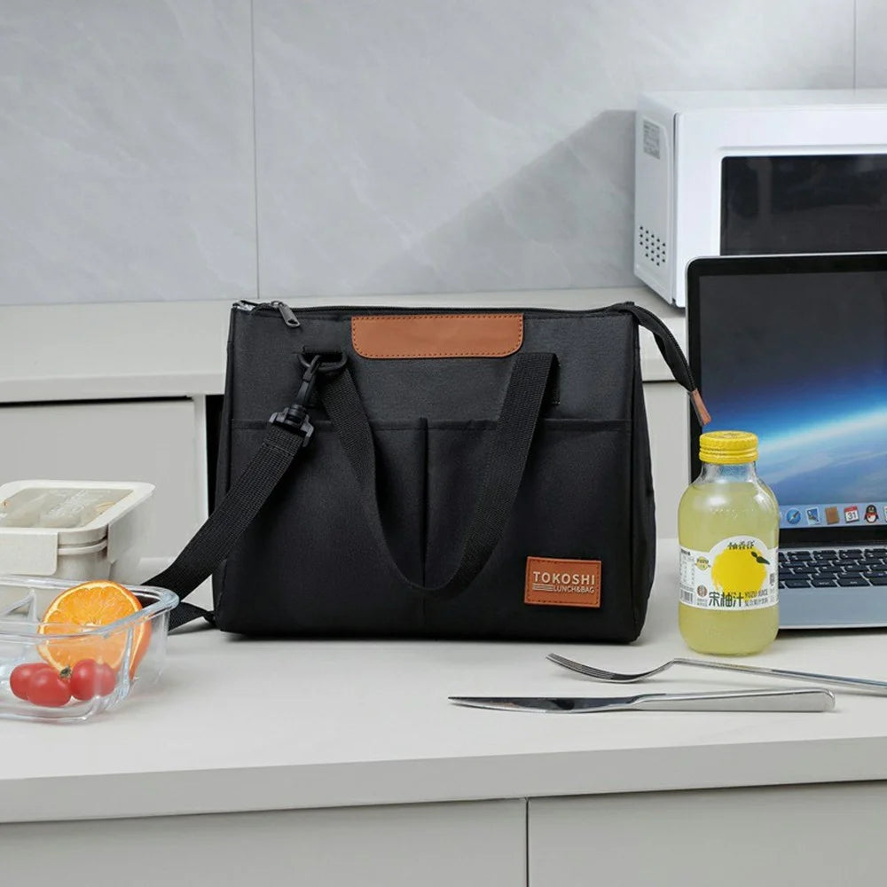 Triangle Shape Tote Insulated Lunch Bag Waterproof Oxford Fabric Thermal Food Carrier with Shoulder Strap - Navy Blue - 4