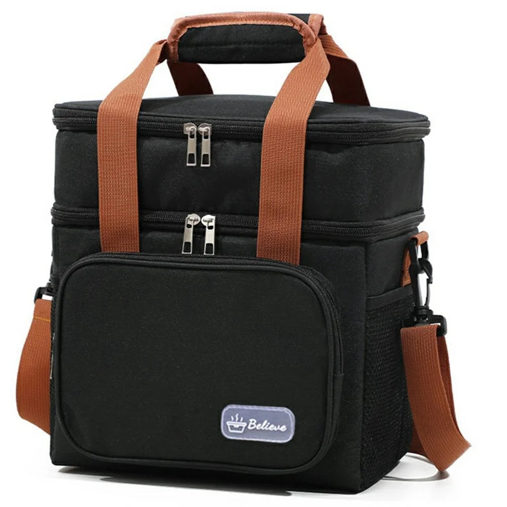 13.5L Double Layer Insulated Lunch Bag Large Capacity Oxford Fabric Crossbody Tote for Hot Cold Food - Black - 1