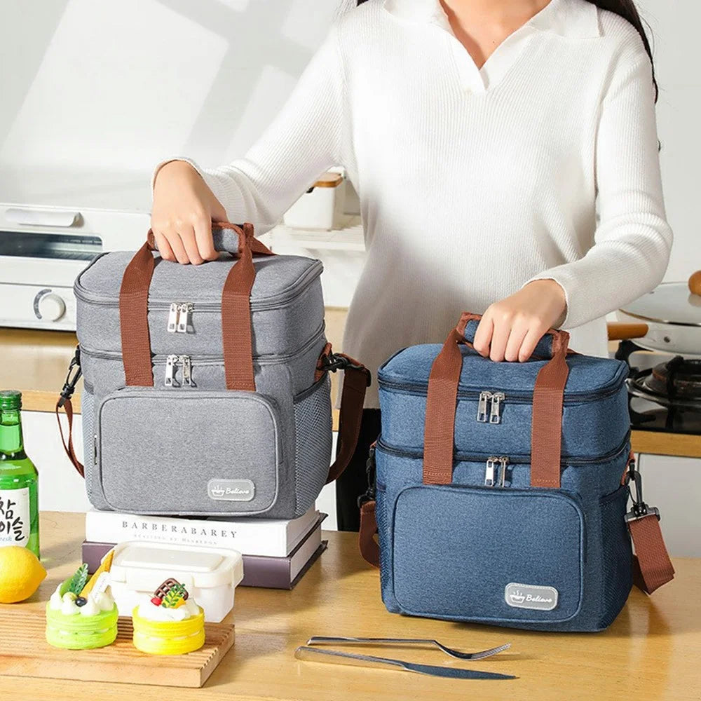 13.5L Double Layer Insulated Lunch Bag Large Capacity Oxford Fabric Crossbody Tote for Hot Cold Food - Black - 2