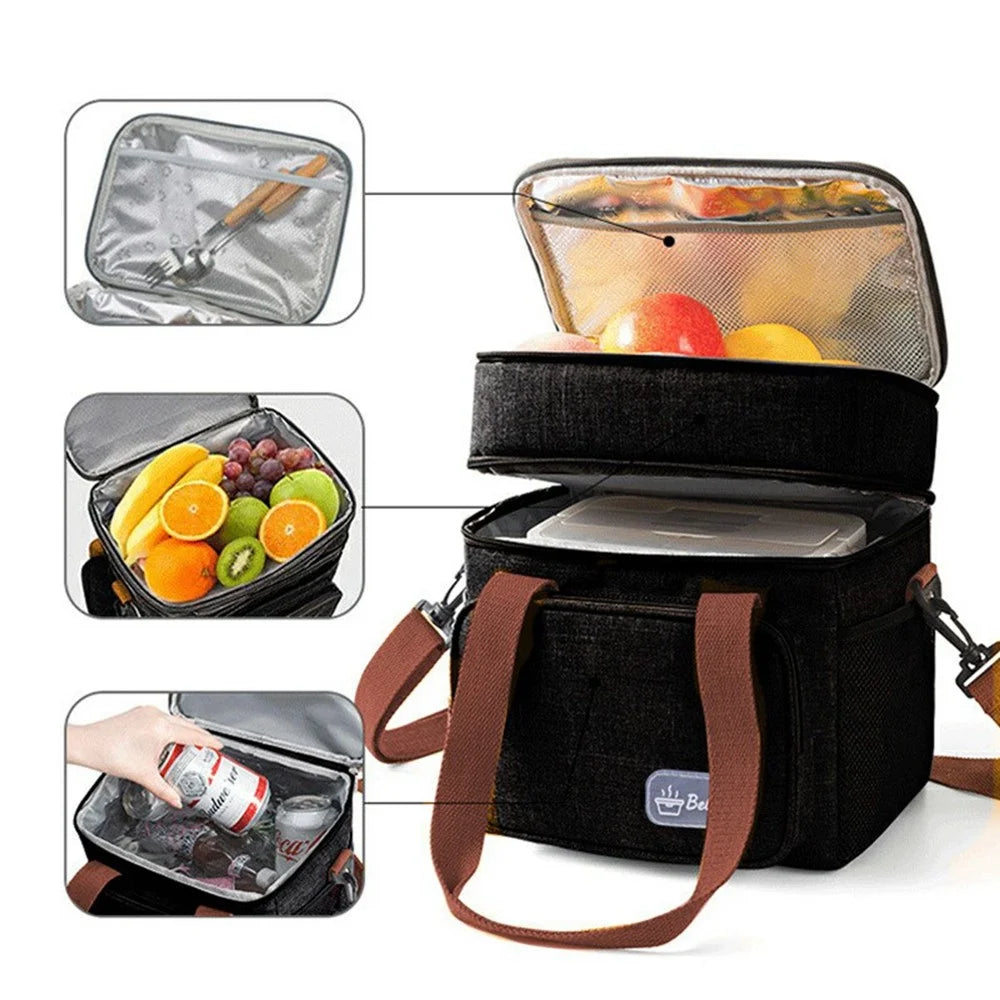 13.5L Double Layer Insulated Lunch Bag Large Capacity Oxford Fabric Crossbody Tote for Hot Cold Food - Black - 3