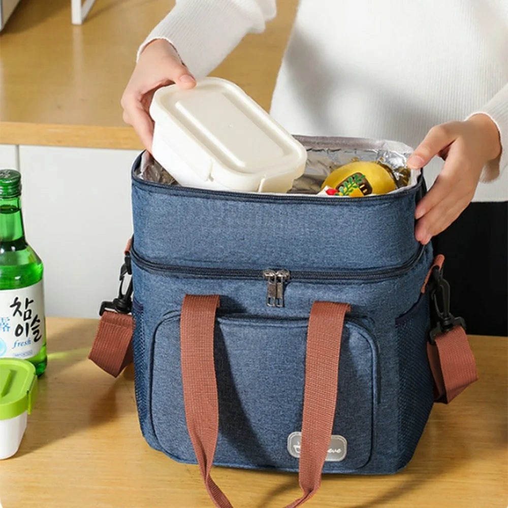 13.5L Double Layer Insulated Lunch Bag Large Capacity Oxford Fabric Crossbody Tote for Hot Cold Food - Black - 4