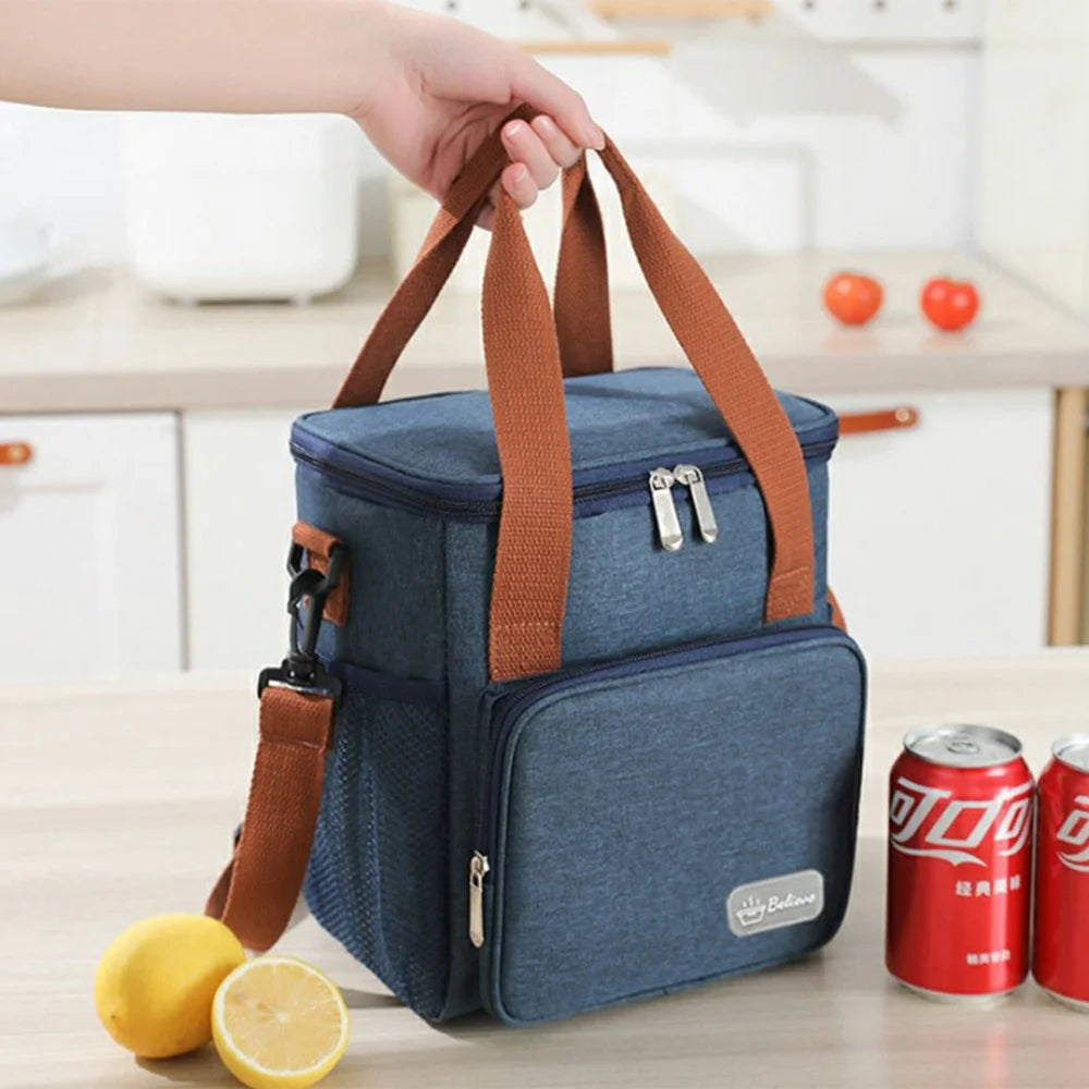 Waterproof Oxford Cloth Insulated Lunch Bag Thermal Food Carrier Crossbody Tote for Work  /  Picnic - Navy Blue - 2