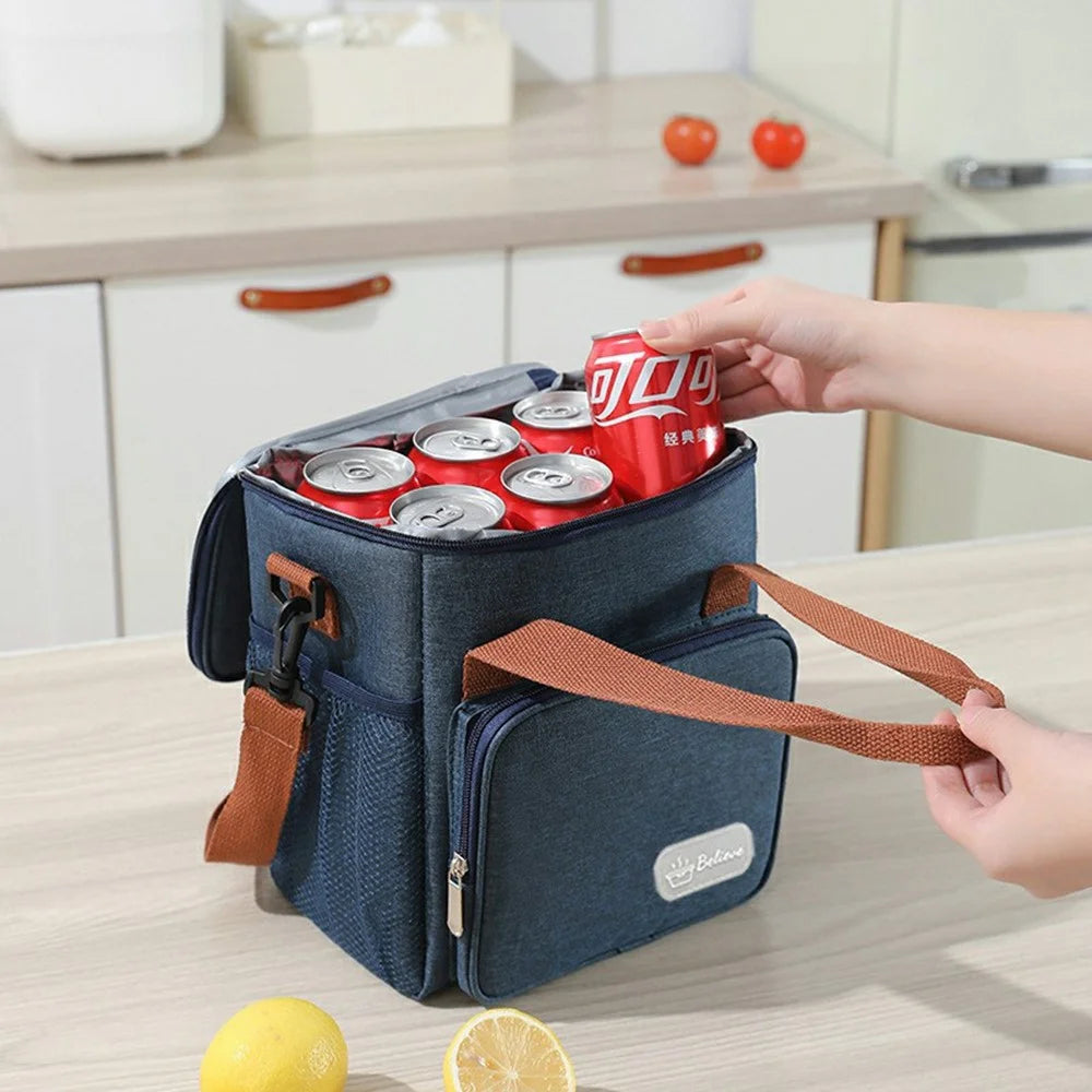 Waterproof Oxford Cloth Insulated Lunch Bag Thermal Food Carrier Crossbody Tote for Work  /  Picnic - Navy Blue - 3
