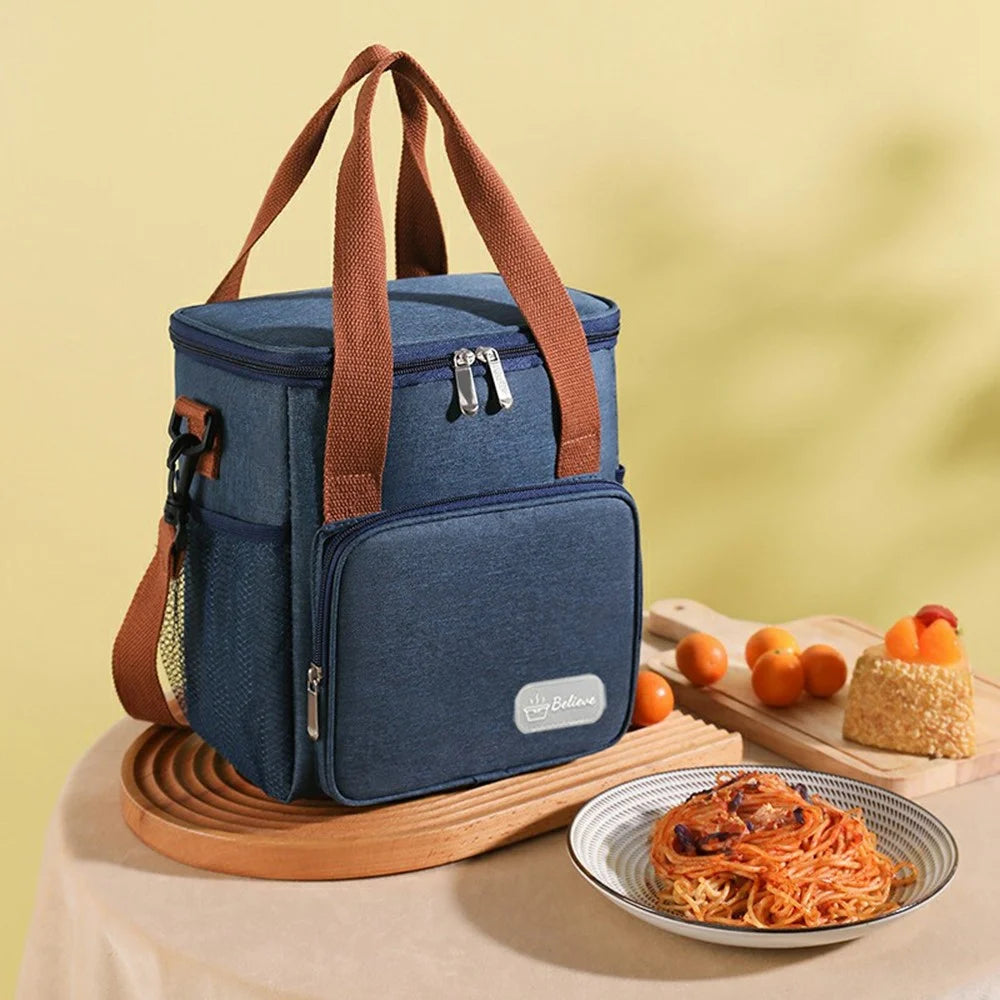 Waterproof Oxford Cloth Insulated Lunch Bag Thermal Food Carrier Crossbody Tote for Work  /  Picnic - Navy Blue - 4