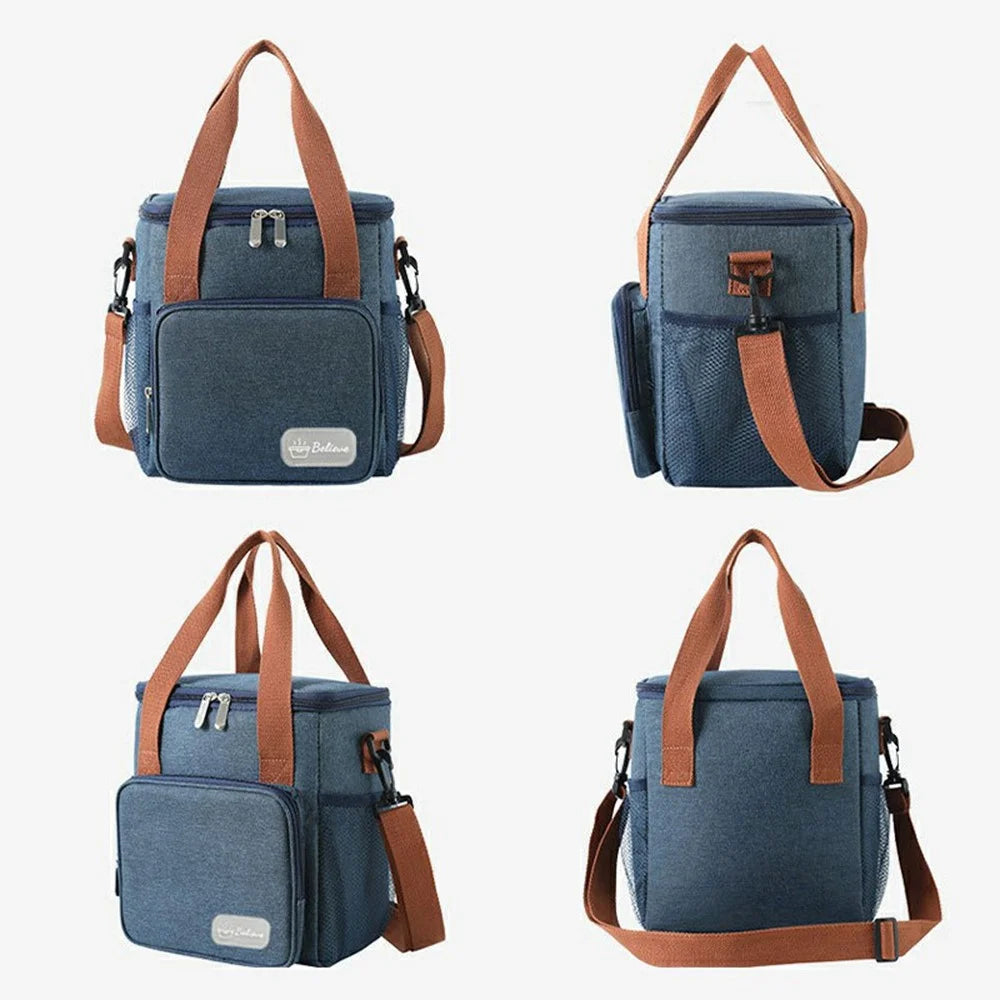Waterproof Oxford Cloth Insulated Lunch Bag Thermal Food Carrier Crossbody Tote for Work  /  Picnic - Navy Blue - 6