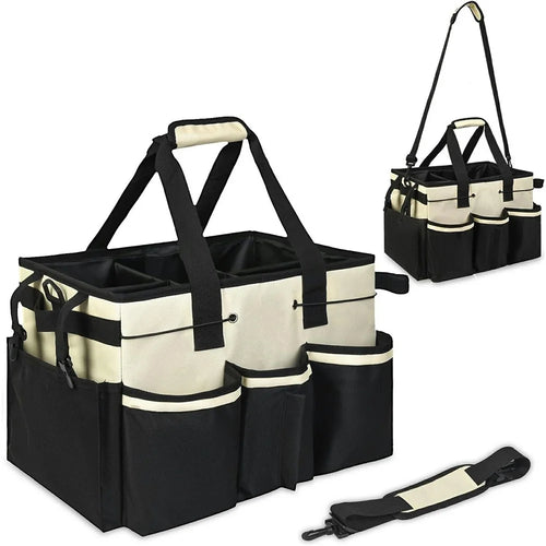 Portable Cleaning Caddy Organizer for Car Detailing Waterproof Storage Bag with Shoulder Strap - Beige - 1