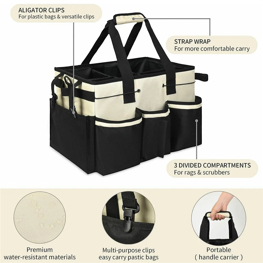 Portable Cleaning Caddy Organizer for Car Detailing Waterproof Storage Bag with Shoulder Strap - Beige - 2
