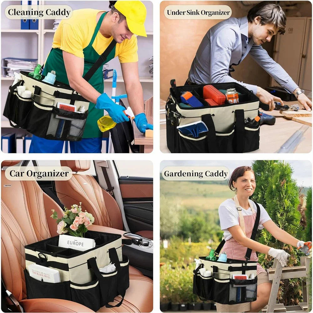 Portable Cleaning Caddy Organizer for Car Detailing Waterproof Storage Bag with Shoulder Strap - Beige - 5