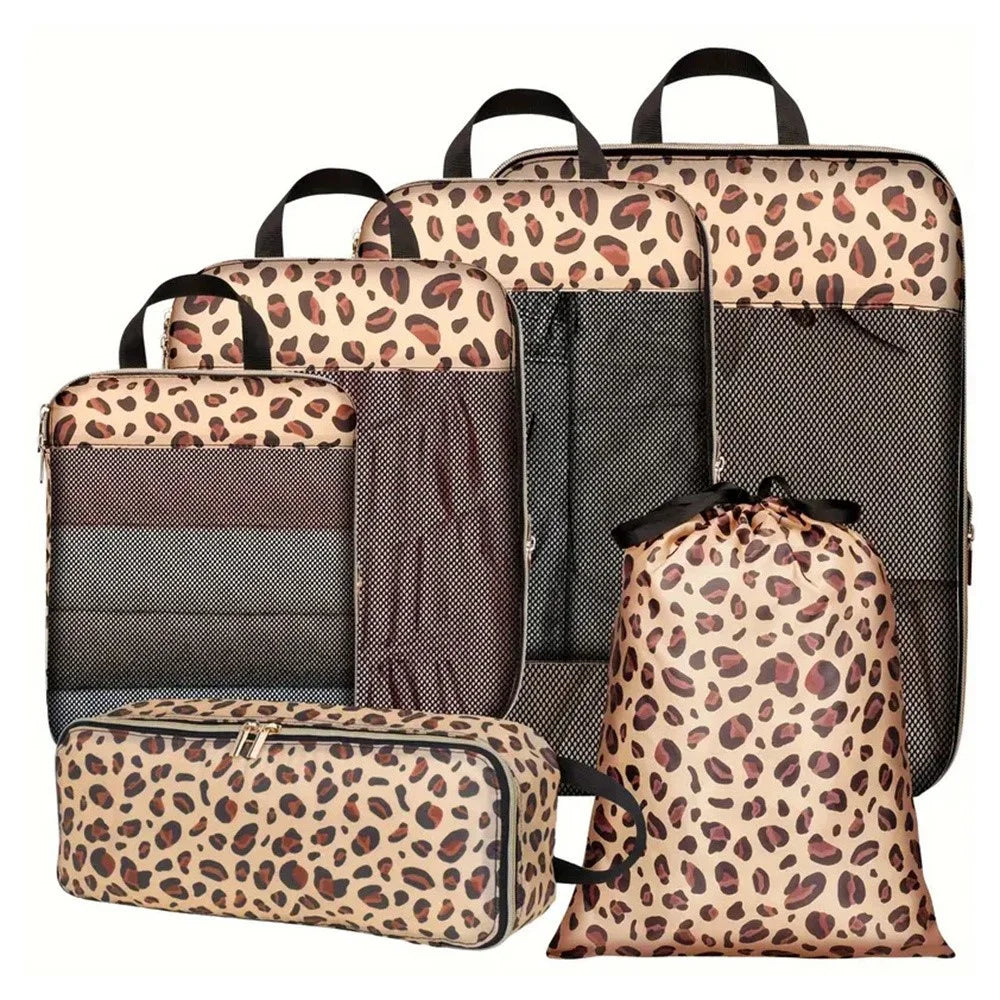 6Pcs / Set Leopard Print Travel Packing Cubes Set for Luggage Nylon Compression Organizers Clothes Toiletries Storage Bag - Brown - 1