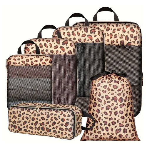 6Pcs / Set Leopard Print Travel Packing Cubes Set for Luggage Nylon Compression Organizers Clothes Toiletries Storage Bag - Brown - 1