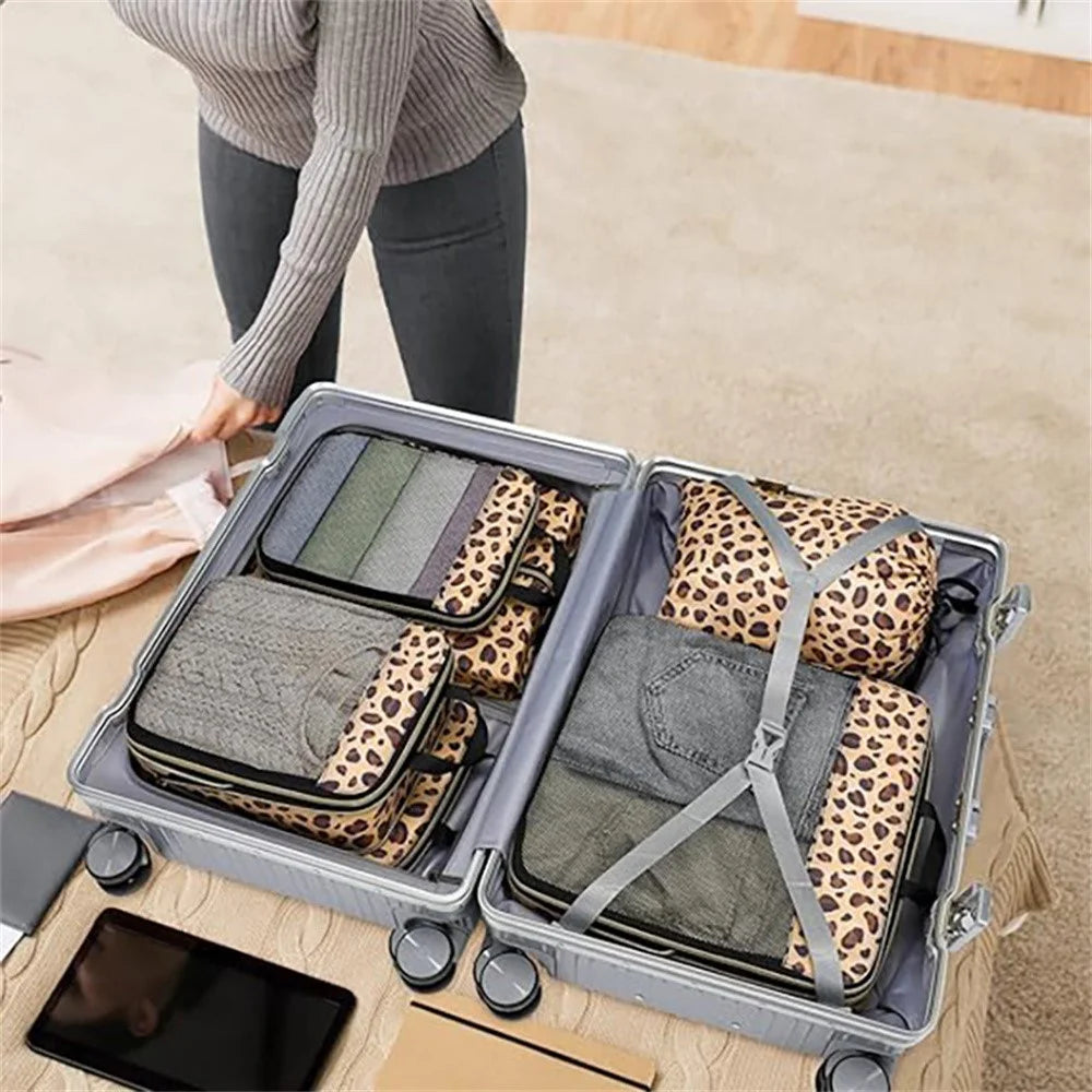 6Pcs / Set Leopard Print Travel Packing Cubes Set for Luggage Nylon Compression Organizers Clothes Toiletries Storage Bag - Brown - 2