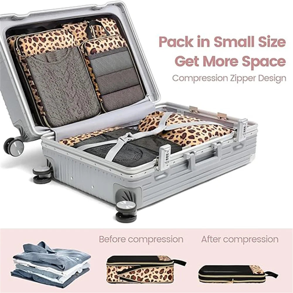 6Pcs / Set Leopard Print Travel Packing Cubes Set for Luggage Nylon Compression Organizers Clothes Toiletries Storage Bag - Brown - 4