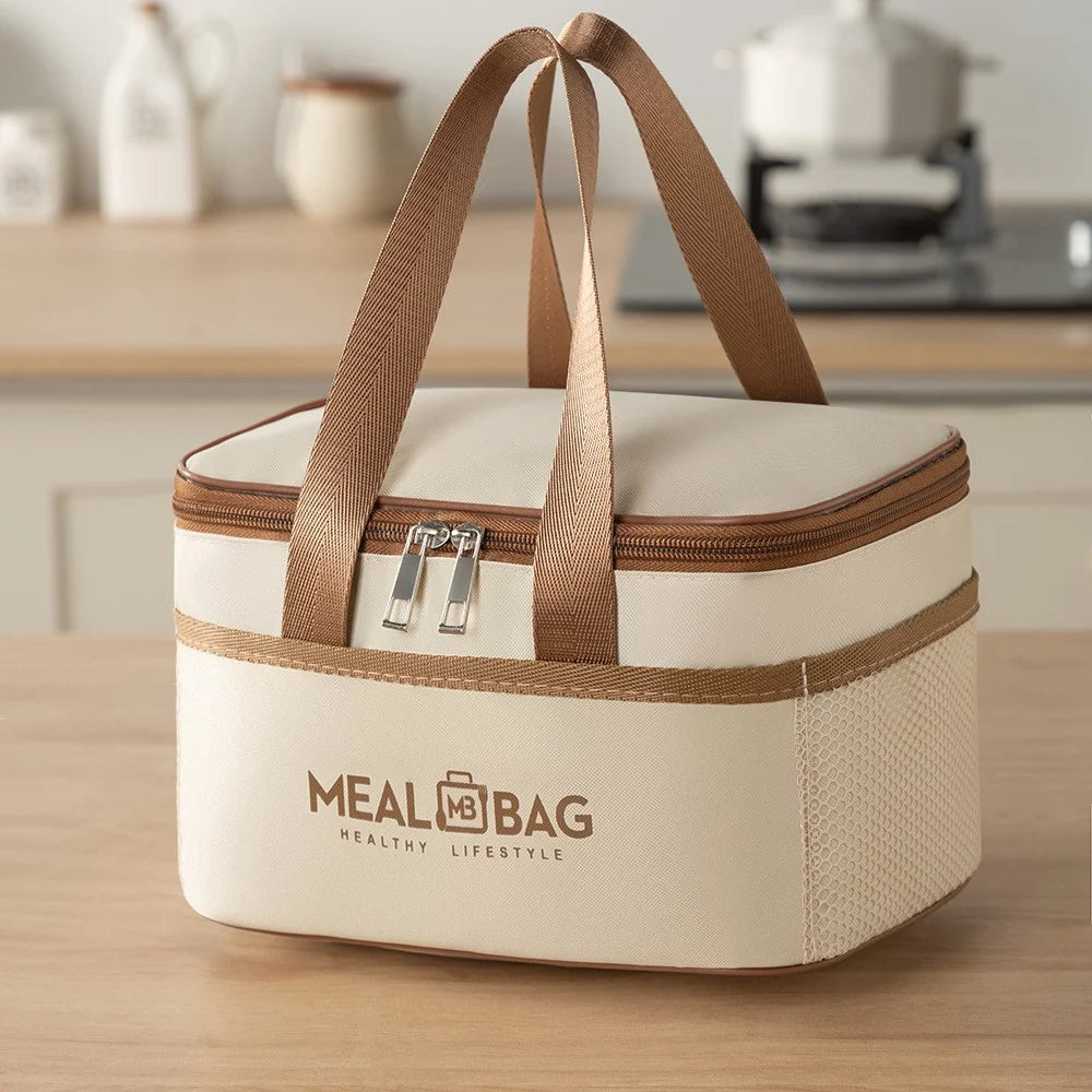 24.5 x 17 x 15cm Insulated Lunch Bag Aluminum Foil Thickened Tote Waterproof Bento Box Carrier for Work / School - Beige - 1