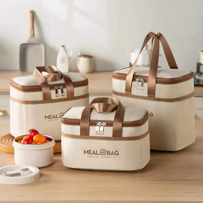 24.5 x 17 x 15cm Insulated Lunch Bag Aluminum Foil Thickened Tote Waterproof Bento Box Carrier for Work / School - Beige - 3