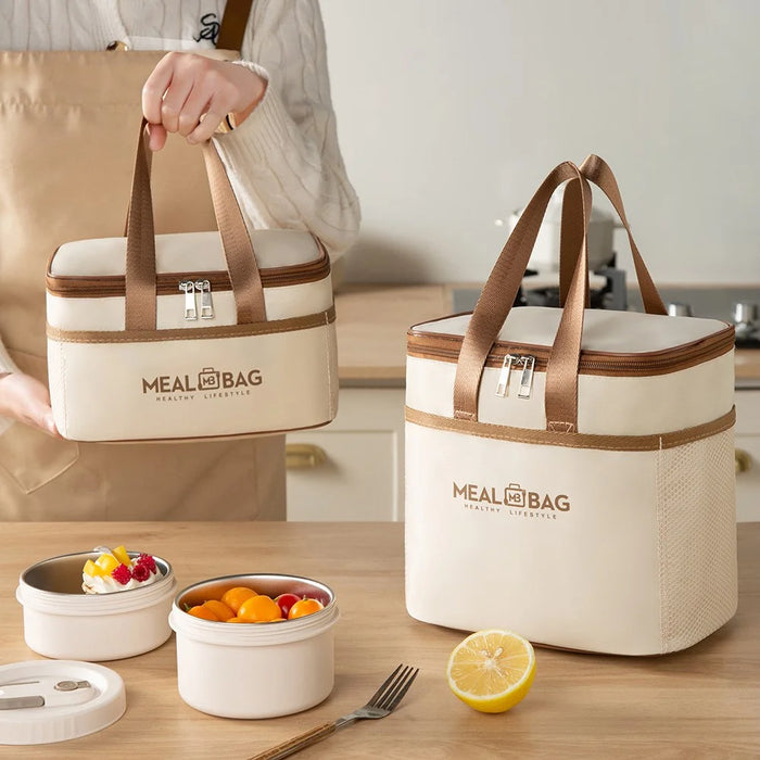 24.5 x 17 x 15cm Insulated Lunch Bag Aluminum Foil Thickened Tote Waterproof Bento Box Carrier for Work / School - Beige - 5