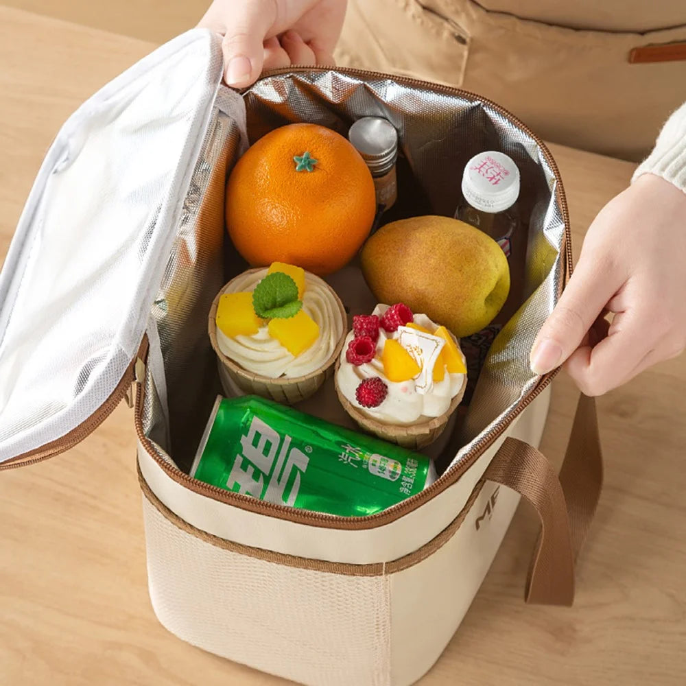 24.5 x 17 x 18.5cm Insulated Lunch Bag Aluminum Foil Thickened Tote Waterproof Bento Box Carrier for Work / School - Beige - 2