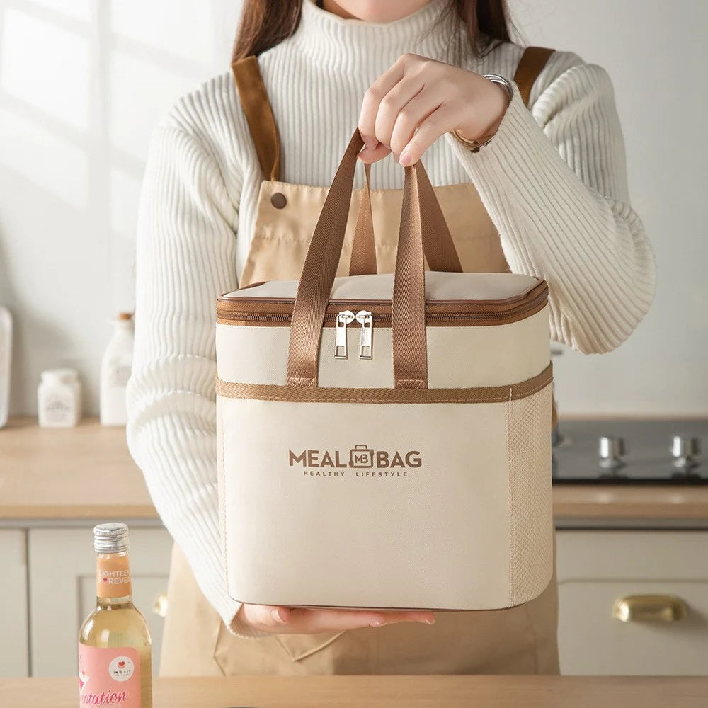 24.5 x 17 x 18.5cm Insulated Lunch Bag Aluminum Foil Thickened Tote Waterproof Bento Box Carrier for Work / School - Beige - 6