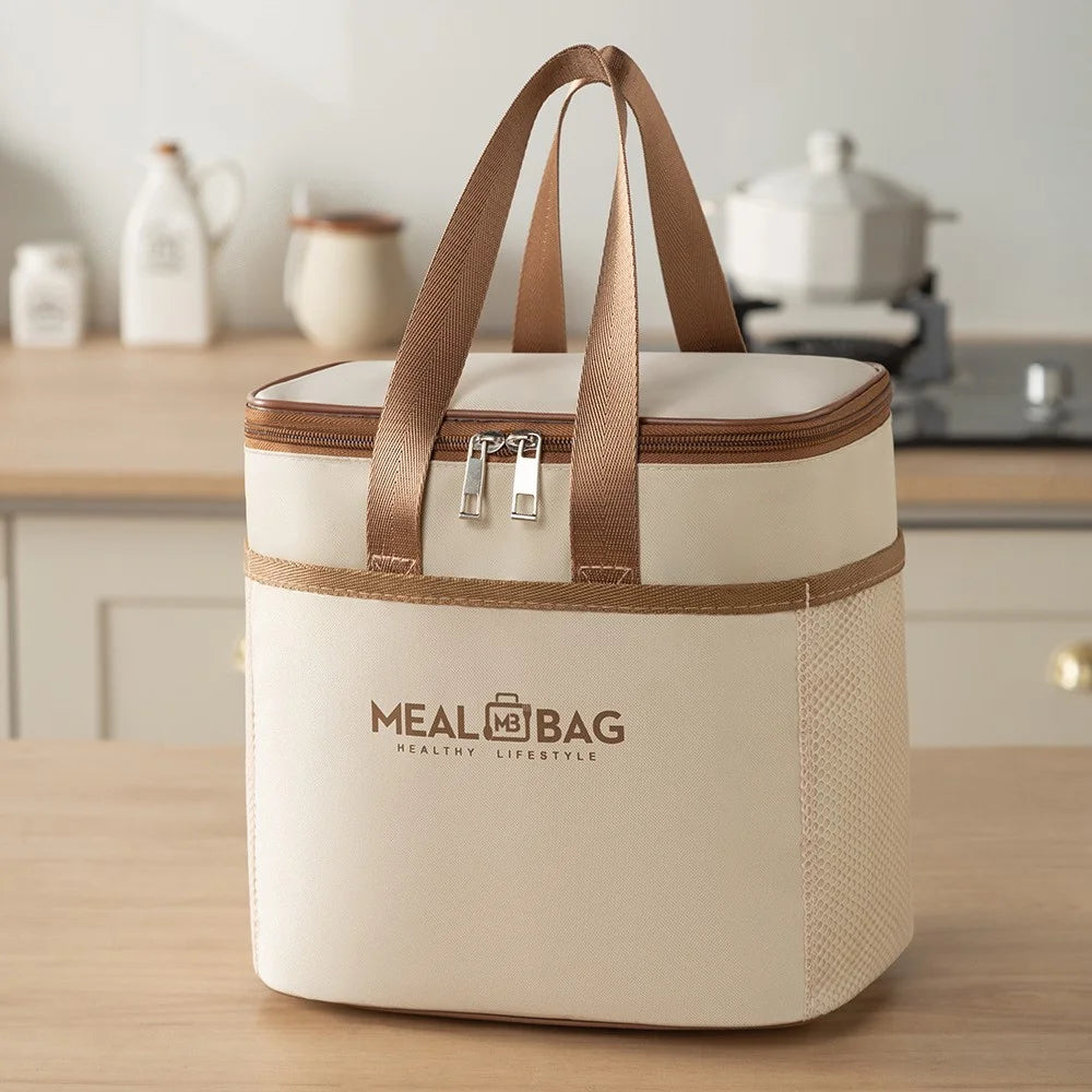 25 x 17 x 24cm Insulated Lunch Bag Aluminum Foil Thickened Tote Waterproof Bento Box Carrier for Work / School - Beige - 1