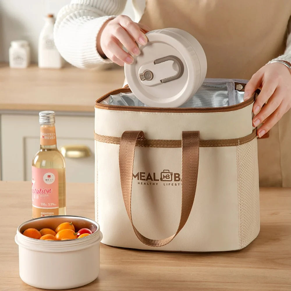 25 x 17 x 24cm Insulated Lunch Bag Aluminum Foil Thickened Tote Waterproof Bento Box Carrier for Work / School - Beige - 3