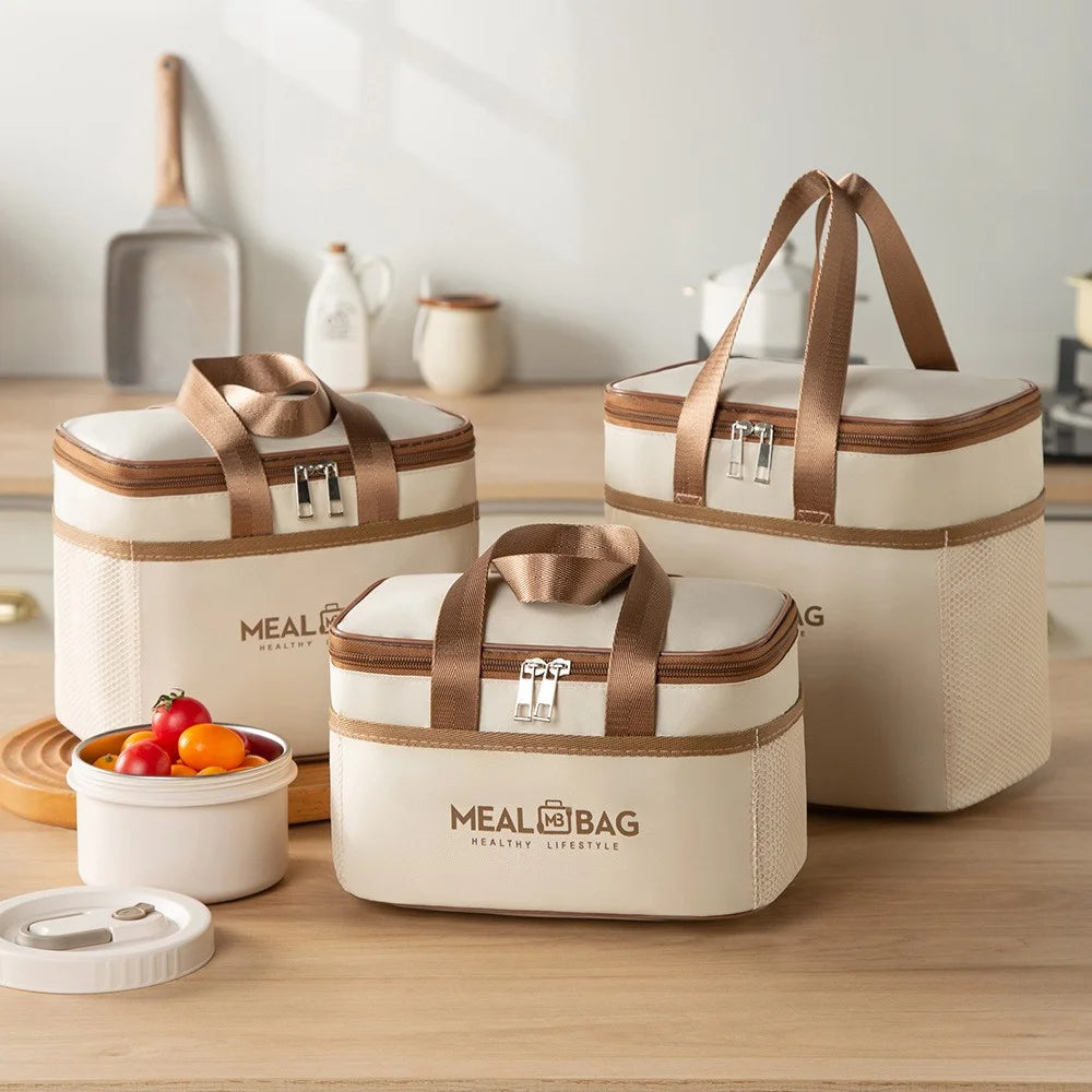 25 x 17 x 24cm Insulated Lunch Bag Aluminum Foil Thickened Tote Waterproof Bento Box Carrier for Work / School - Beige - 4