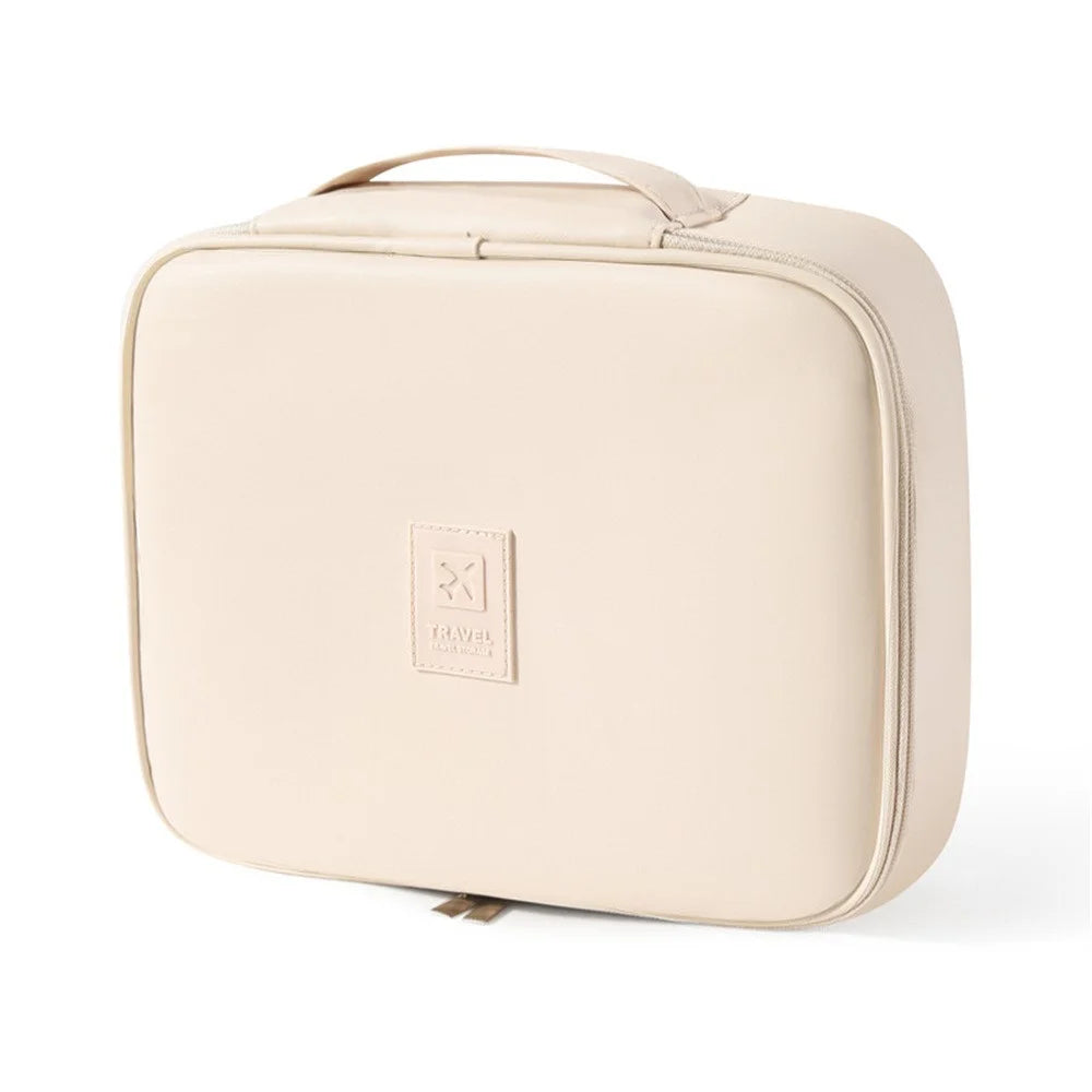 PU Leather Square Cosmetic Bag Travel Toiletry Organizer Large Capacity Makeup Case Portable Storage Pouch - Beige - 1