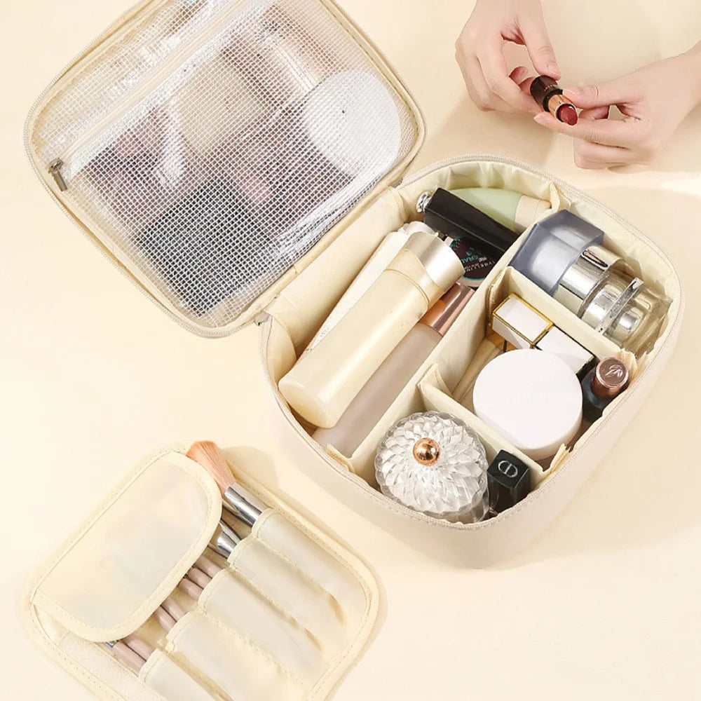PU Leather Square Cosmetic Bag Travel Toiletry Organizer Large Capacity Makeup Case Portable Storage Pouch - Beige - 3