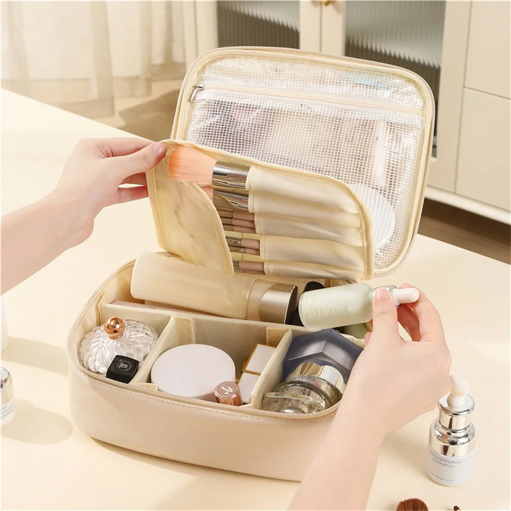 PU Leather Square Cosmetic Bag Travel Toiletry Organizer Large Capacity Makeup Case Portable Storage Pouch - Beige - 4