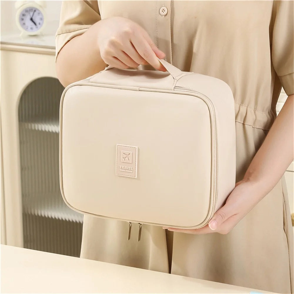 PU Leather Square Cosmetic Bag Travel Toiletry Organizer Large Capacity Makeup Case Portable Storage Pouch - Beige - 5