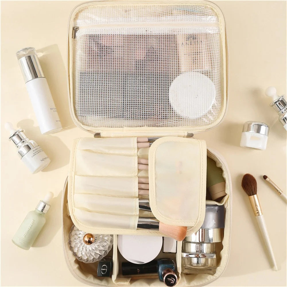 PU Leather Square Cosmetic Bag Travel Toiletry Organizer Large Capacity Makeup Case Portable Storage Pouch - Beige - 6
