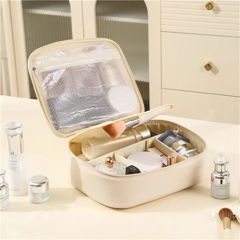 PU Leather Square Cosmetic Bag Travel Toiletry Organizer Large Capacity Makeup Case Portable Storage Pouch - Beige - 7