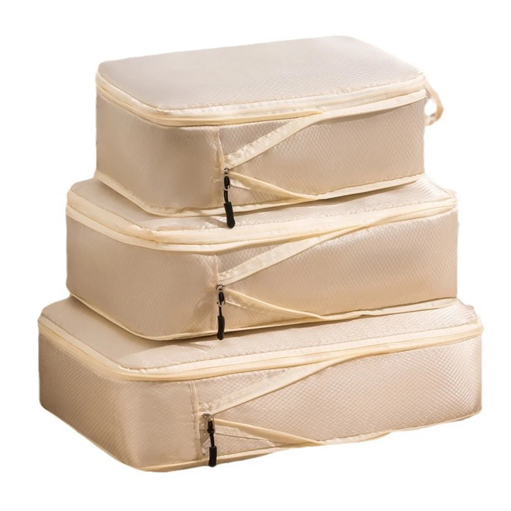 3Pcs Storage Bags Set Travel Compression Packing Cubes Clothes Shoes Organizer Portable Luggage Bags - Beige - 1