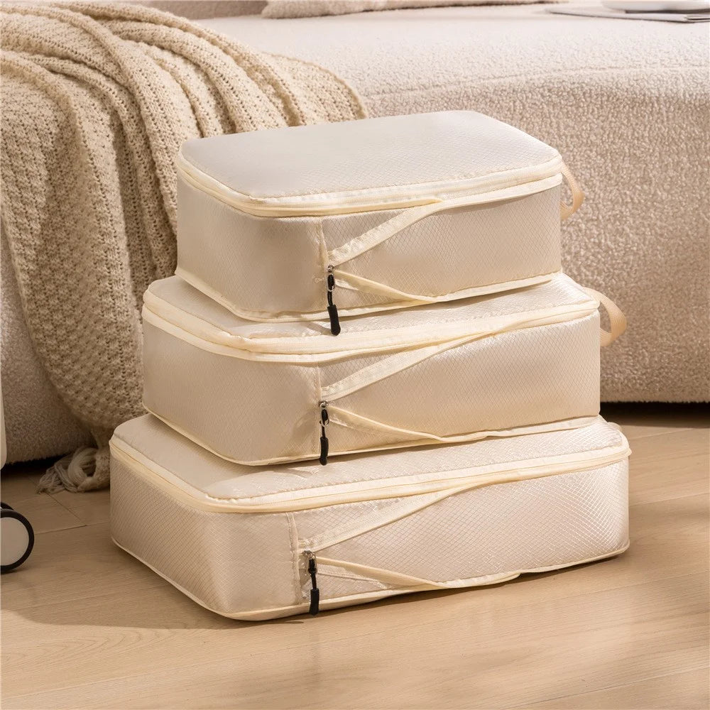 3Pcs Storage Bags Set Travel Compression Packing Cubes Clothes Shoes Organizer Portable Luggage Bags - Beige - 2