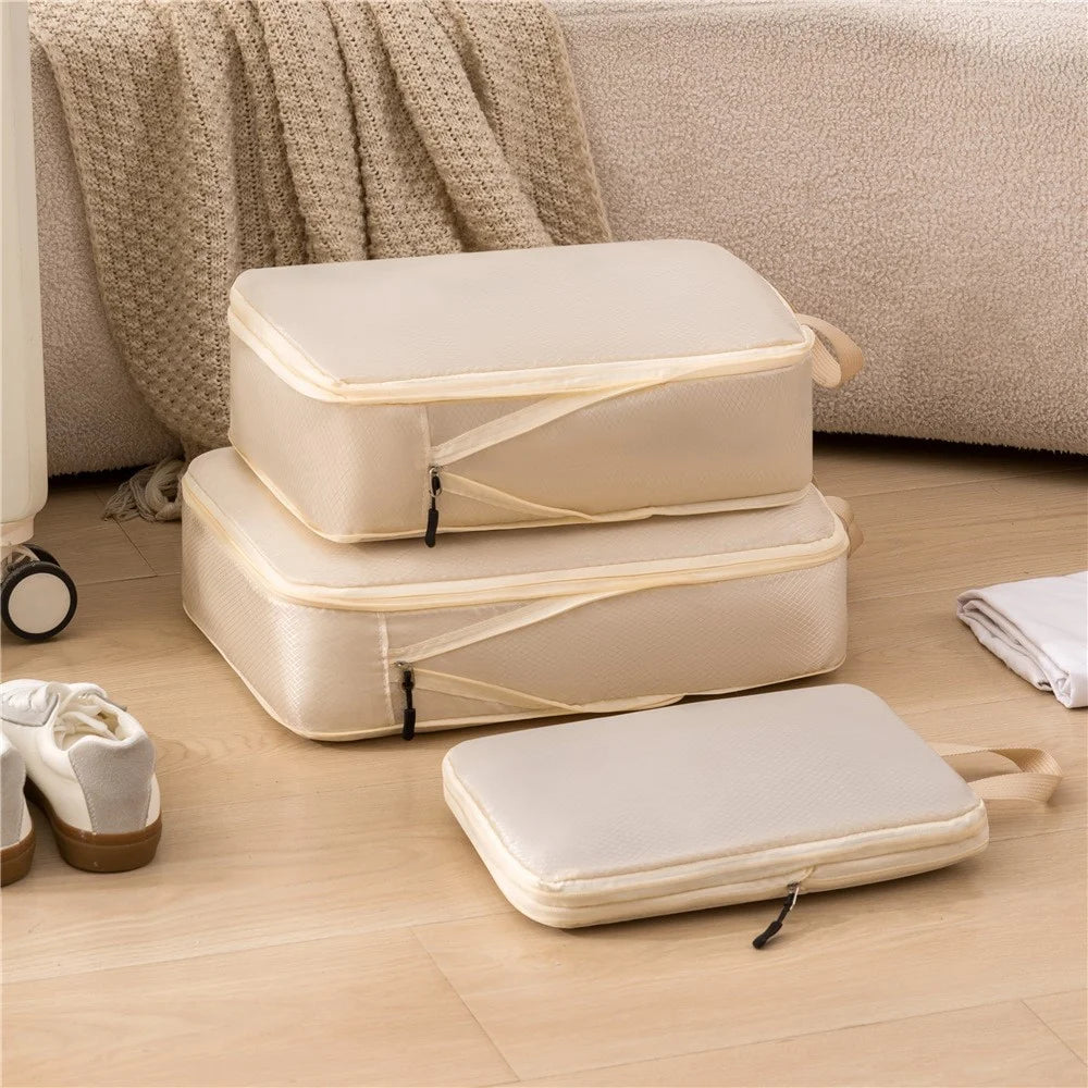 3Pcs Storage Bags Set Travel Compression Packing Cubes Clothes Shoes Organizer Portable Luggage Bags - Beige - 3