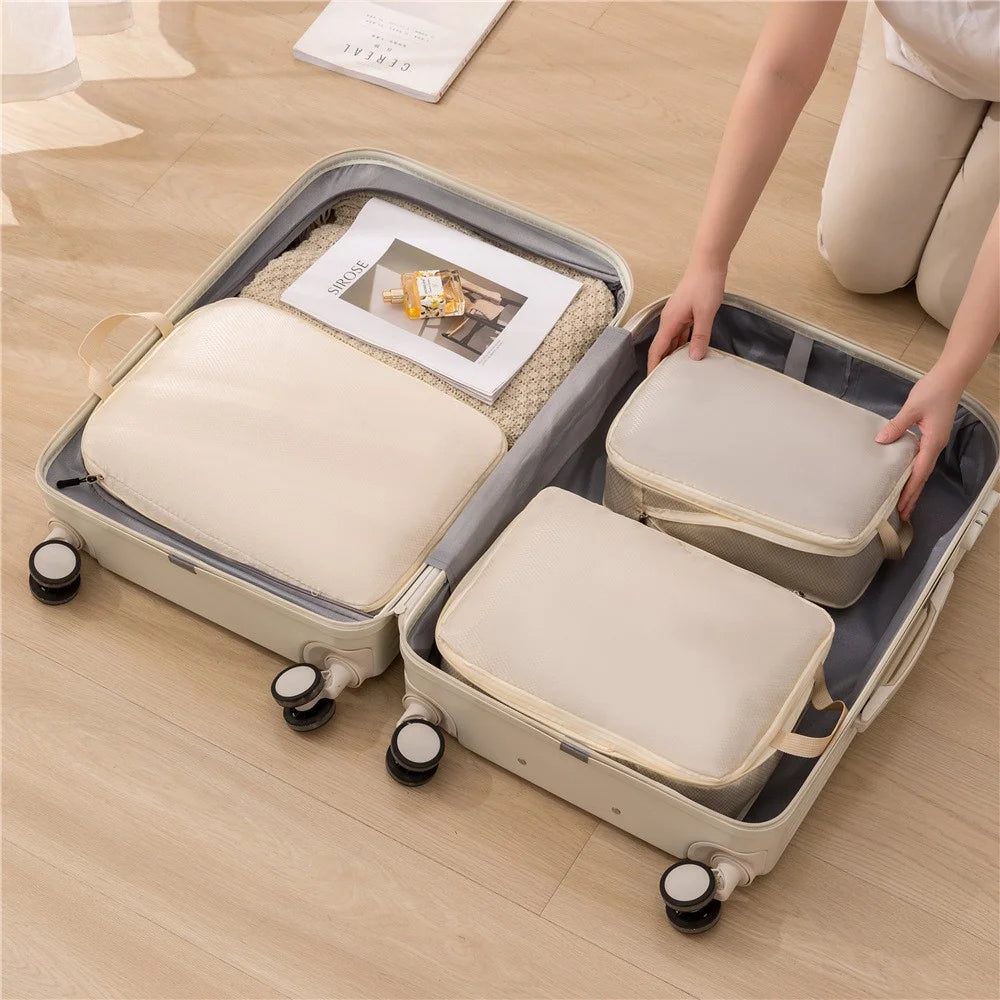 3Pcs Storage Bags Set Travel Compression Packing Cubes Clothes Shoes Organizer Portable Luggage Bags - Beige - 5
