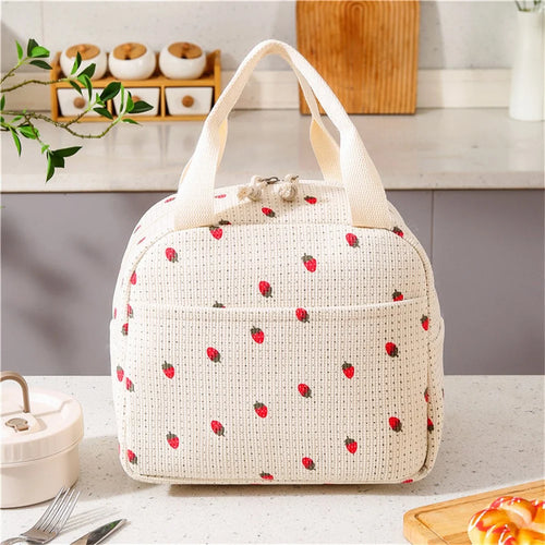 Lunch Bag Portable Insulated Tote Corduroy Cooler Storage Bag with Waterproof Lining for Work  /  Travel  /  Picnic - Strawberry - 1