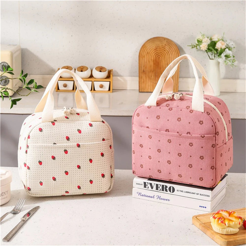 Lunch Bag Portable Insulated Tote Corduroy Cooler Storage Bag with Waterproof Lining for Work  /  Travel  /  Picnic - Strawberry - 3