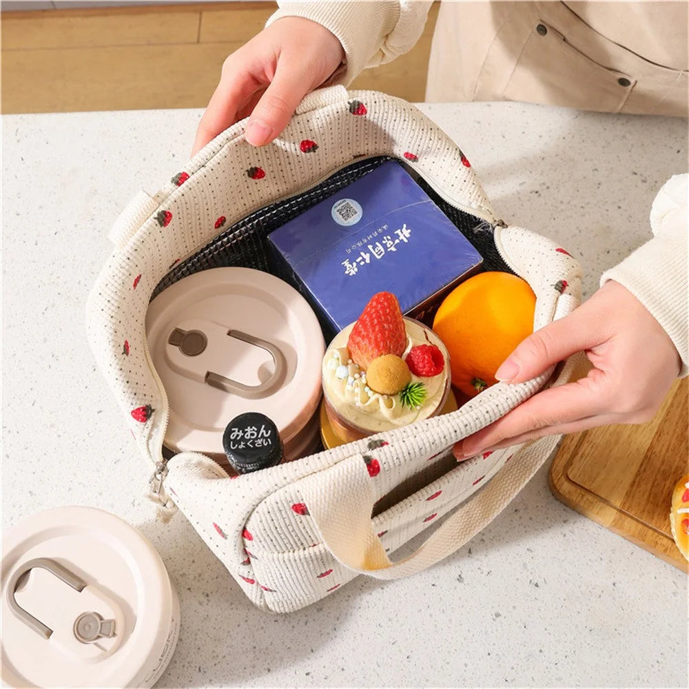 Lunch Bag Portable Insulated Tote Corduroy Cooler Storage Bag with Waterproof Lining for Work  /  Travel  /  Picnic - Strawberry - 4