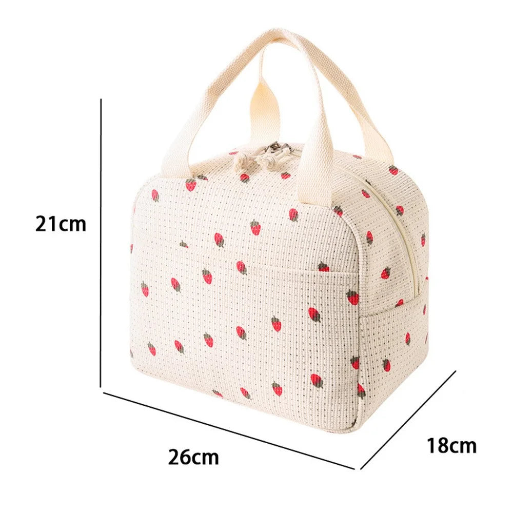 Lunch Bag Portable Insulated Tote Corduroy Cooler Storage Bag with Waterproof Lining for Work  /  Travel  /  Picnic - Strawberry - 6