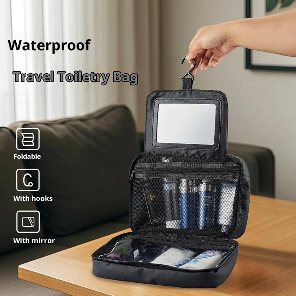 Dry Wet Separation Travel Toiletry Bag Built In Mirror Waterproof Foldable Makeup Bag with Hook - Black - 2