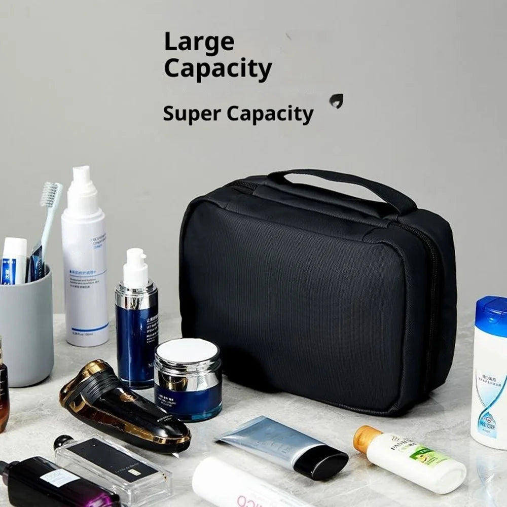 Dry Wet Separation Travel Toiletry Bag Built In Mirror Waterproof Foldable Makeup Bag with Hook - Black - 3