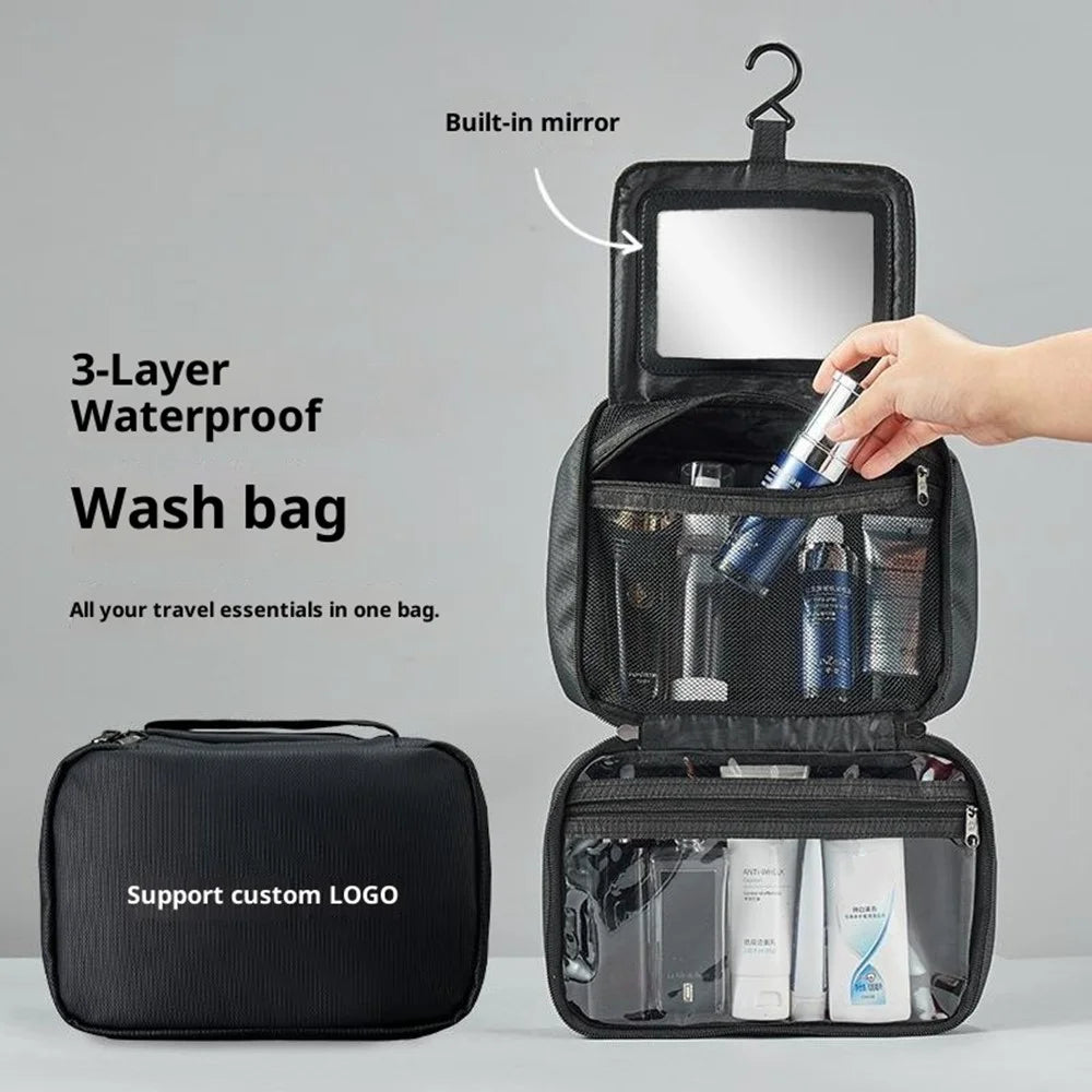 Dry Wet Separation Travel Toiletry Bag Built In Mirror Waterproof Foldable Makeup Bag with Hook - Black - 4