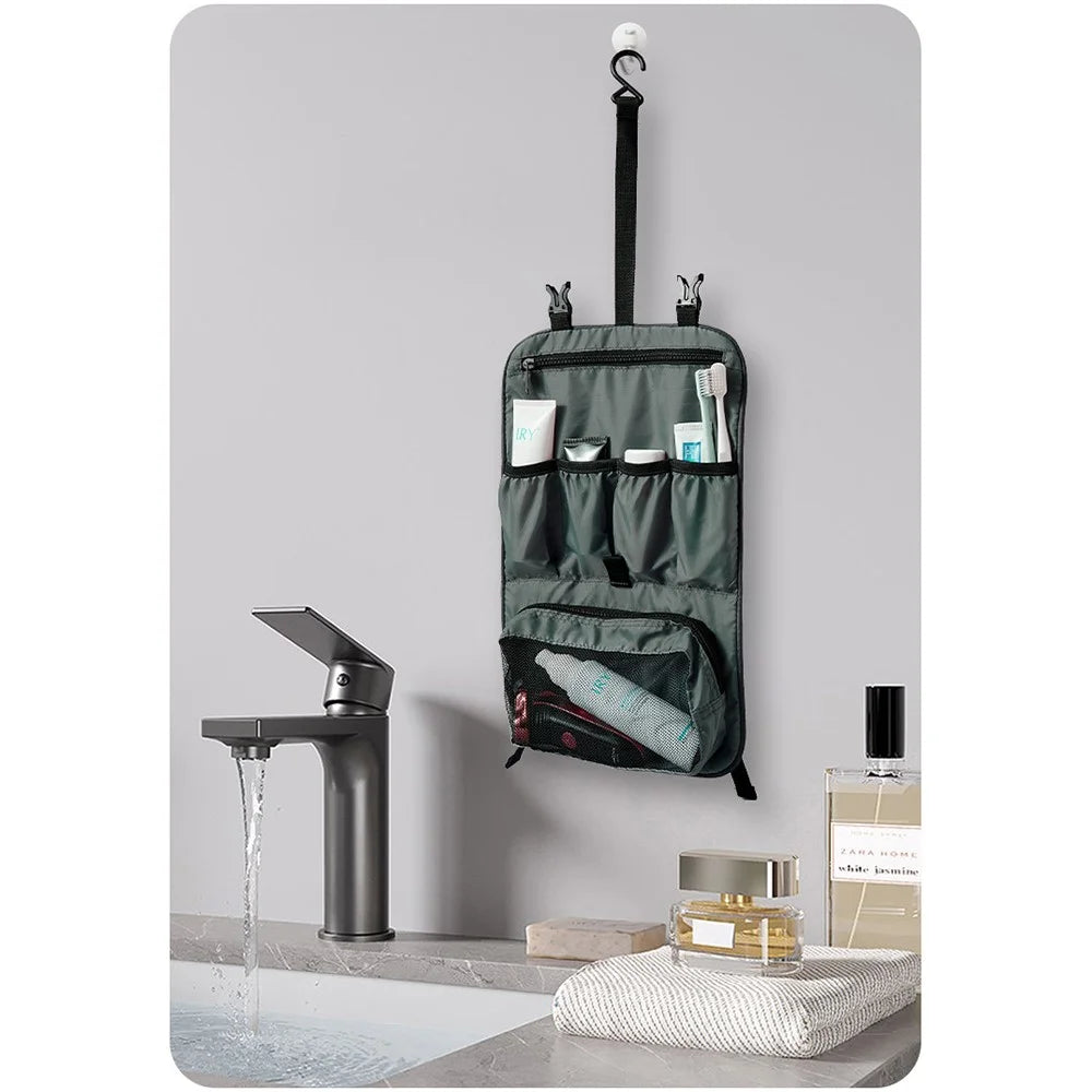 Multiple Pockets Foldable Toiletry Bag Waterproof Hanging Cosmetic Bag for Travel Camping - Dark Grey - 2