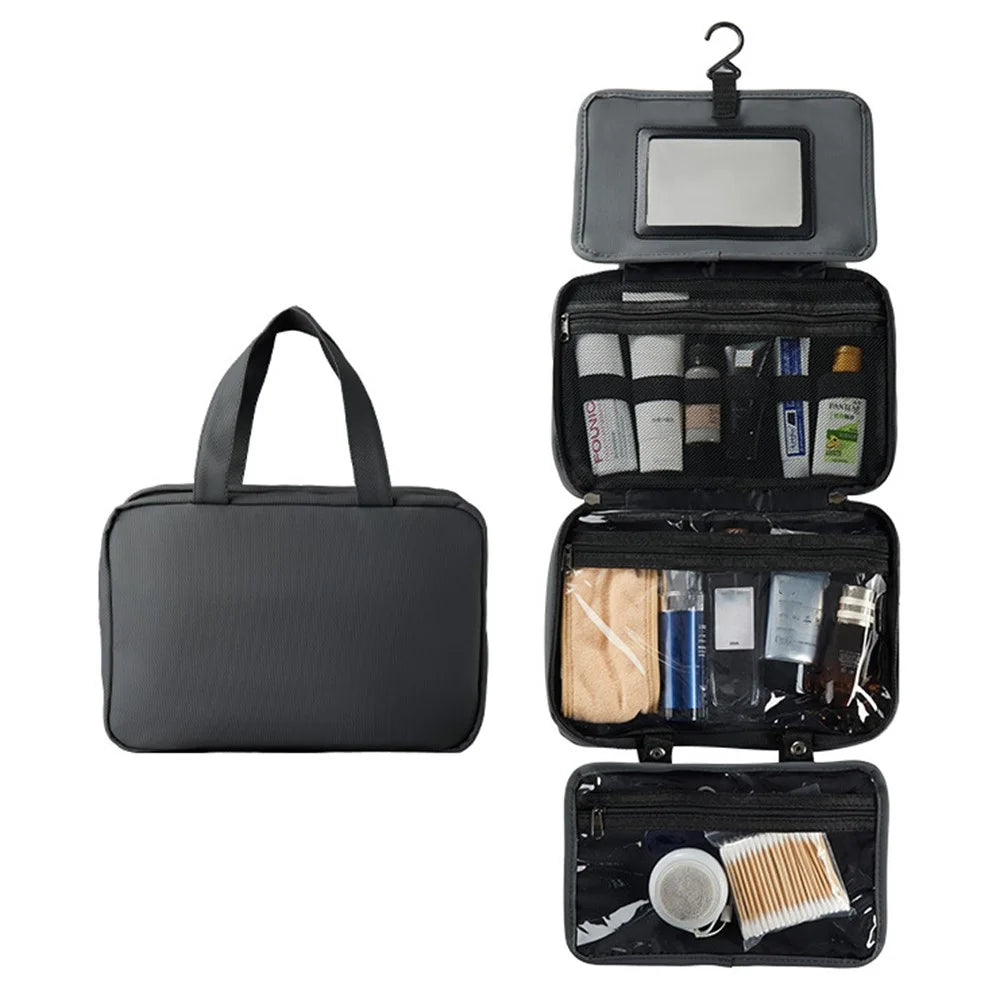Waterproof Travel Toiletry Bag Built In Mirror Dry Wet Separation Foldable Cosmetic Organizer with Hanging Hook - Grey - 1