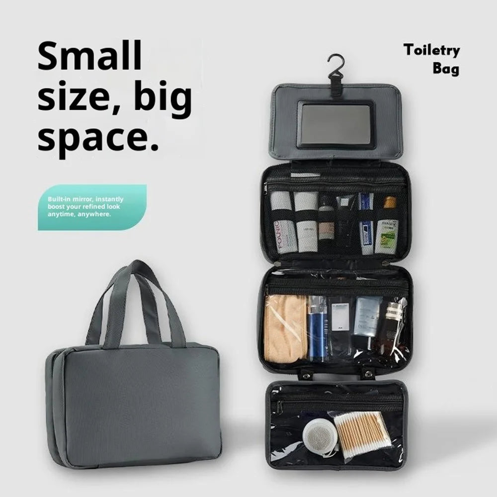 Waterproof Travel Toiletry Bag Built In Mirror Dry Wet Separation Foldable Cosmetic Organizer with Hanging Hook - Grey - 2