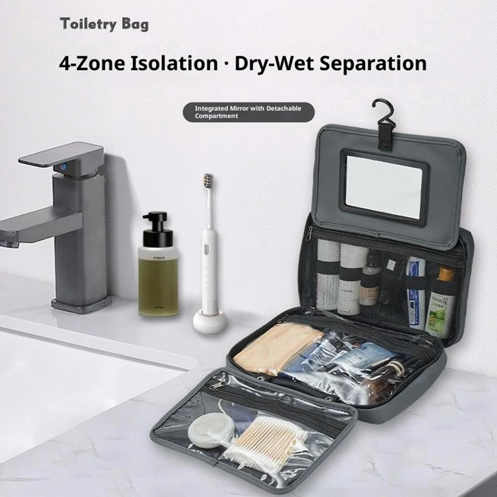 Waterproof Travel Toiletry Bag Built In Mirror Dry Wet Separation Foldable Cosmetic Organizer with Hanging Hook - Grey - 3
