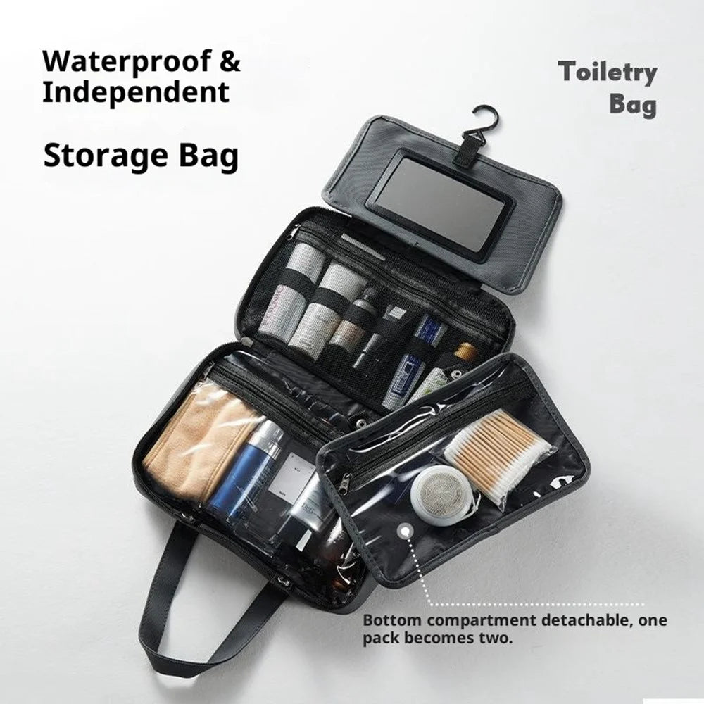 Waterproof Travel Toiletry Bag Built In Mirror Dry Wet Separation Foldable Cosmetic Organizer with Hanging Hook - Grey - 4